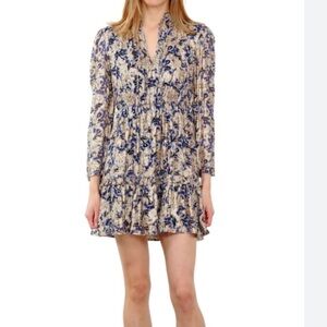Zero Degrees Celsius Print Dress blue gold combo mini tiered preppy size medium